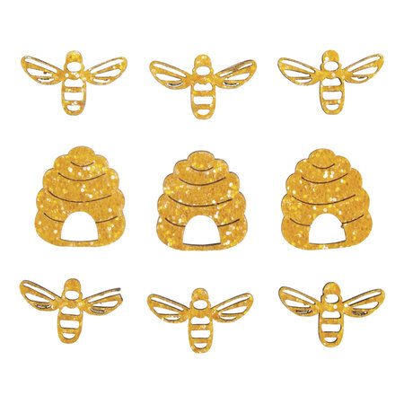 Miniatures en bois Abeilles+ruche  jaune miel  3cm  avec point adhésif  9 pces