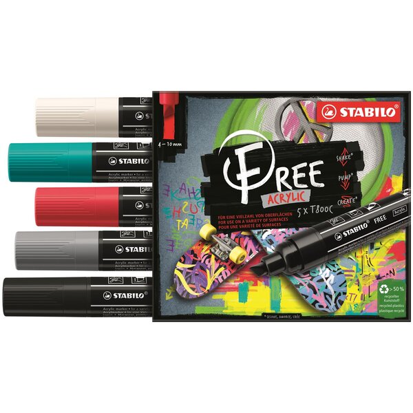 Etui carton 5 marqueurs pointe large FREE acrylic T800C Set 2 'Bold' STABILO