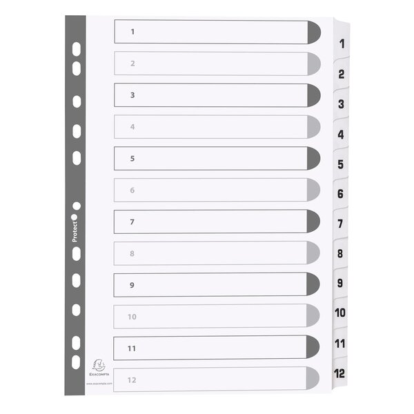 Intercalaires Imprimés À Touches Plastifiées - 12 Touches 1 À 12 - A4 - Blanc - Exacompta