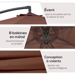 Parasol déporté octogonal à manivelle inclinable manivelle avec pied en acier diamètre 3 m chocolat