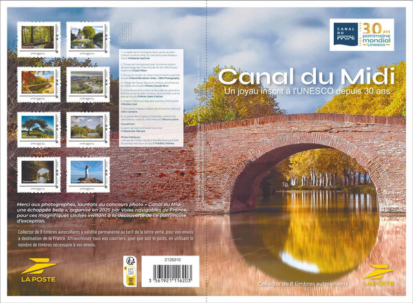 Collector 8 timbres - Canal du Midi - Un joyau inscrit à L'UNESCO depuis 30 ans - Lettre Verte