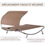 Bain de soleil 2 places lit de jardin design contemporain toit réglable 2 roulettes 2 oreillers acier époxy polyester marron foncé