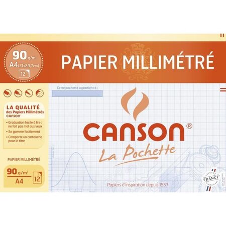 CANSON Pochette papier millimétré 12 feuilles A4 - 90 g - Bleu