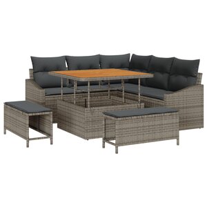 vidaXL Ensemble de salon de jardin 8 places en poly rotin et acacia avec coussins gris