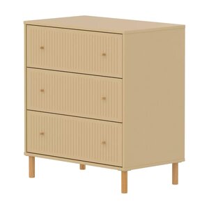 Flexa SAGA Commode 3 tiroirs a facades rainurees Beige sable Oat Pieds et boutons en chene
