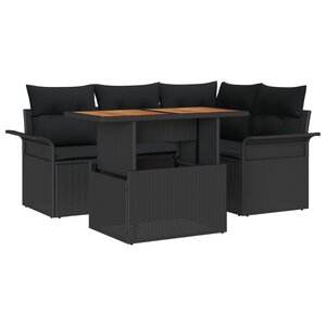 vidaXL Ensemble de salle à manger de jardin 5 pièces avec coussins noir poly rotin acacia
