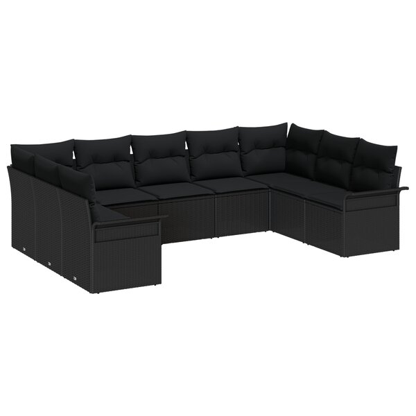 vidaXL Ensemble de 9 canapés de jardin avec coussins en rattan noir poly