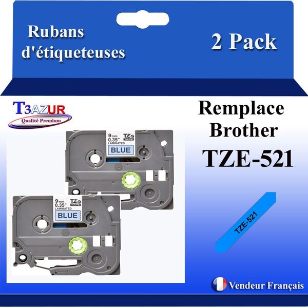 2x Rubans d'étiqueteuses compatibles avec Brother Tze521  Tze-521 pour étiqueteuses P-touch - Texte noir sur fond bleu - T3AZUR