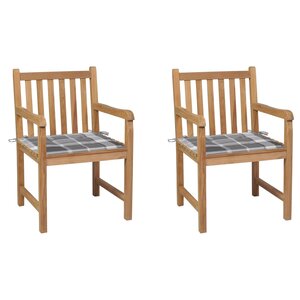 vidaXL Chaises de jardin lot de 2 avec coussins à carreaux gris Teck
