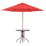 Table ronde bistro de jardin dim. Ø 80 x 72H cm espace installation parasol acier époxy noir plateau verre trempé