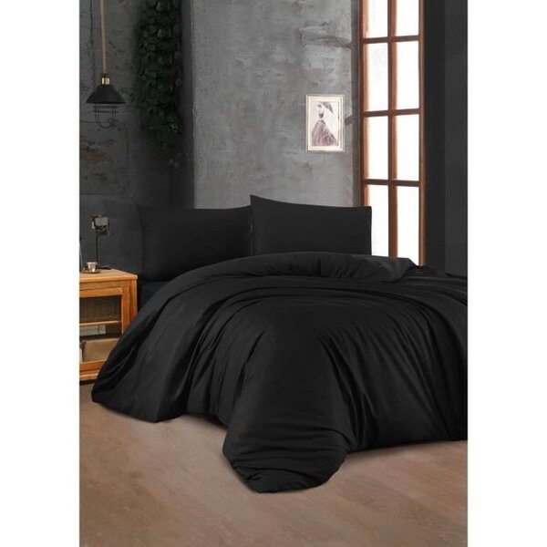Parure de lit - housse de couette 220 x 240 + 2 taies d'oreiller 60 x 60 coton renforcé - Noir
