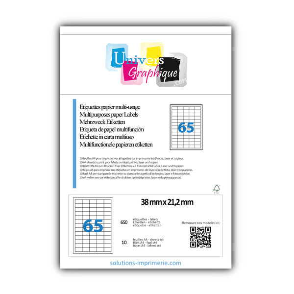 Lot de 10 planches a4 de 65 étiquettes à bords vifs 38 x 21 2 mm en papier blanc 70g/m² multifonction