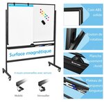 Tableau blanc réversible à 360° de 90 x 120 cm avec hauteur réglable et 4 roulettes pour école/maison/bureau/salle de classe 20_0006556