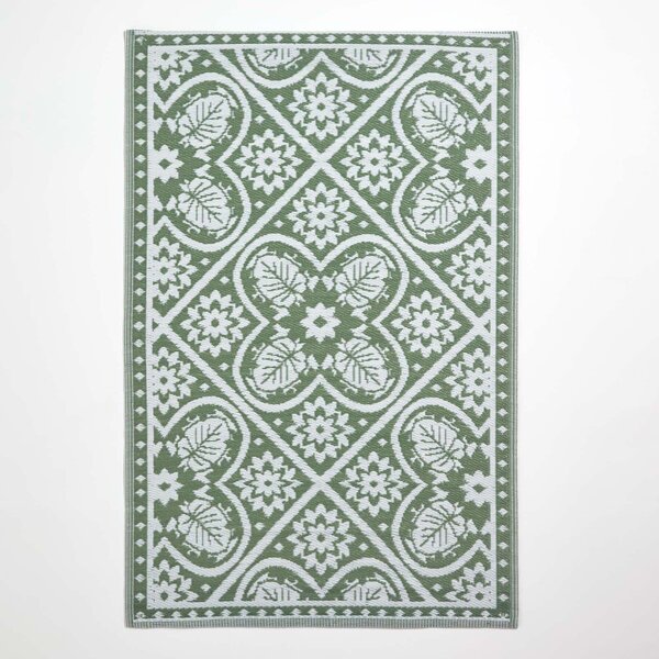 Tapis extérieur terrasse réversible - Tapis de jardin imperméable et résistant UV - Motif carrelage - Vert - 182x122 cm - HOMESCAPES