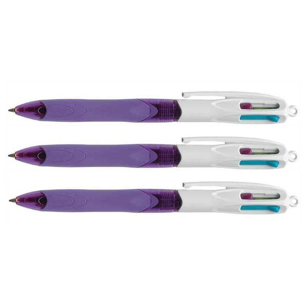 Stylo bille 4 COLOUR GRIP FASHION 4 Couleurs Rose Violet Vert Turquoise x 3 BIC