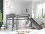 Lit Enfant Surélevé Avec Toboggan Pino 90x200cm Gris + Rideau de lit Birdy