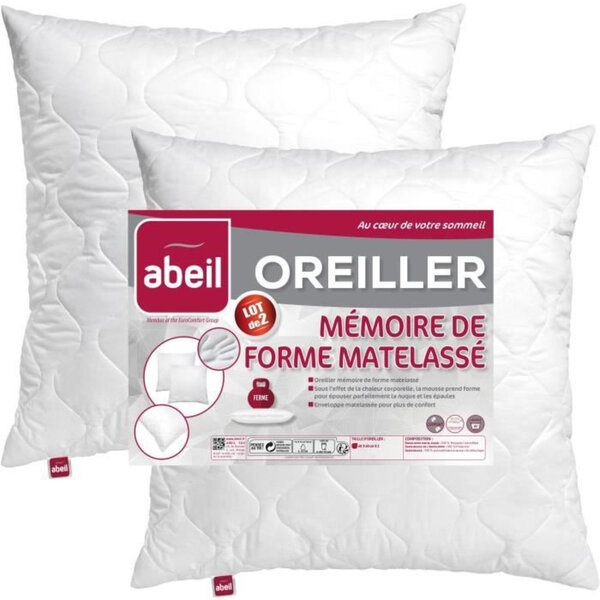 2 oreillers blanc à mémoire de forme matelassés 60 x 60 cm