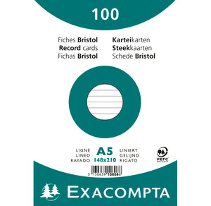 Paquet de 100 Fiches Bristol A5 blanc ligné. s/s film EXACOMPTA