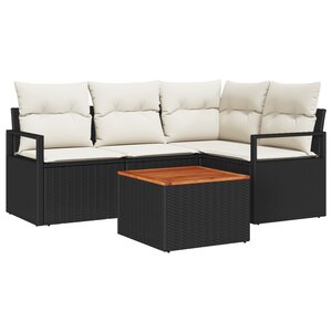 Ensemble de canapé de jardin de 5 pièces avec coussins en rattan poly noir et acacia