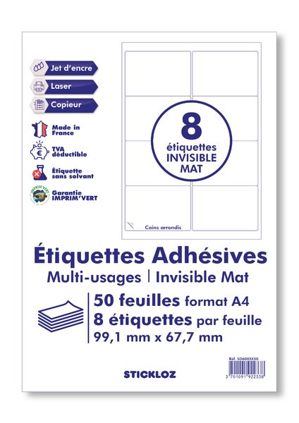 50 planches a4 - 8 étiquettes 99,1 mm x 67,7 mm autocollantes invisibles mat par planche pour tous types imprimantes - jet d'encre/laser/photocopieuse