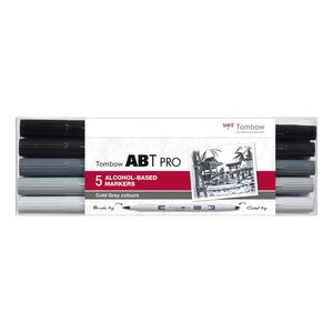 Set de 5 Marqueurs Base Alcool Double Pointe ABT PRO couleurs gris froid TOMBOW