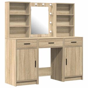 vidaXL Ensemble de table de maquillage avec LED 3 Pièces Chêne Sonoma