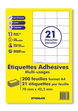200 planches a4 - 21 étiquettes 70 mm x 42,3 mm autocollantes blanche par planche pour tous types imprimantes - jet d'encre/laser/photocopieuse