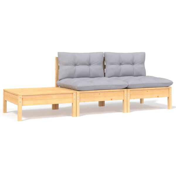 vidaXL Salon de jardin 3 Pièces avec coussins gris Bois de pin massif