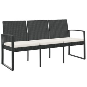 vidaXL Banc de jardin à 3 places avec coussins noir rotin PP