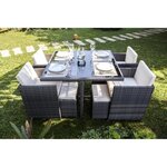 Ensemble repas de jardin encastrable 4 personnes- table 110x110cm plateau verre +4 fauteuils + 4 poufs résine tressée- Gris- CARIOCA