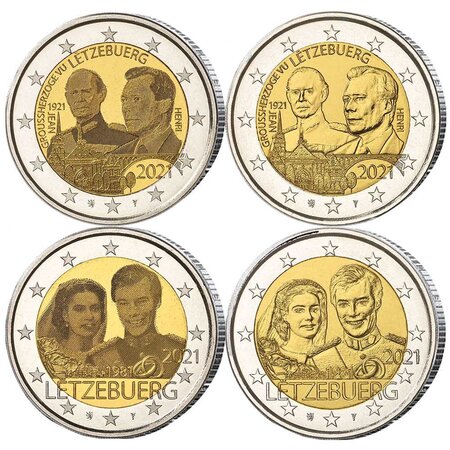 Monnaie lot de 4 x 2 euros commémoratives luxembourg 2021 en 2 versions