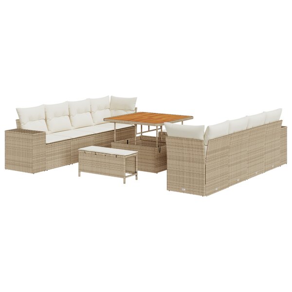 Ensemble de Canapé de Jardin 11 Pièces avec Coussins Beige Rotin Poly Acacia