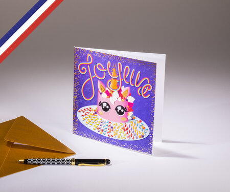 Carte double en lettres d'or créée et imprimée en france - joyeux anniversaire licorne kawaï
