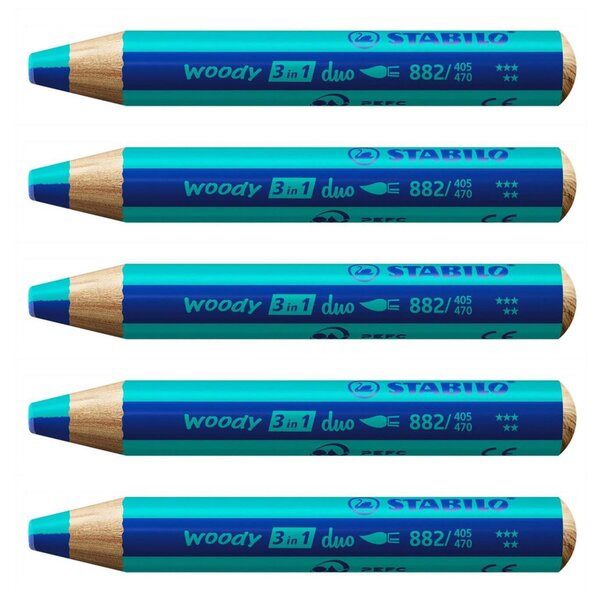 Crayon multi-talents woody 3 in 1 duo - bleu foncé-turquoise x 5 STABILO