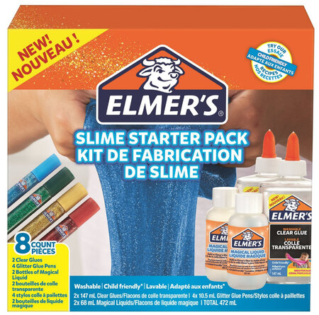 ELMER'S Kit de base pour Slime  4 Stylos colle à paillettes  2 flacons de colle transparente  2 flacons de liquide magique