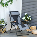Chaise longue pliable zéro gravité dossier réglable tablette tétière métal époxy polyester coton gris noir