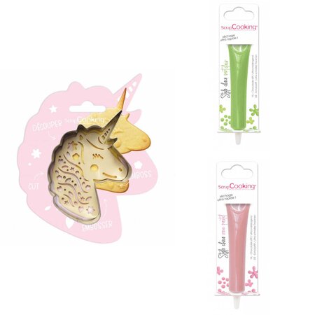 Kit pour biscuit en relief Licorne + 2 Stylos au chocolat vert clair et rose pastel