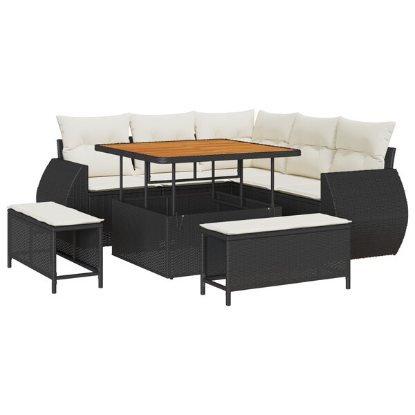 vidaXL Ensemble de canapé de jardin 8 pièces avec coussins en poly rattan noir et acacia.