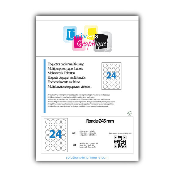 Lot de 20 planches a4 de 24 étiquettes à bords vifs rondeø45 mm en papier blanc 70g/m² multifonction