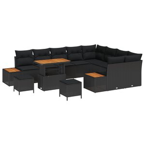 Ensemble de canapé de jardin vidaXL 12 pièces avec coussins Noir Poly Rattan Acacia