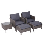 Outsunny Lot de 2 fauteuils de jardin grand confort repose-pied table basse résine tressée imitation rotin coussins gris