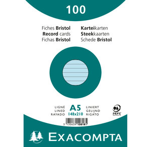 Paquet de 100 Fiches Bristol A5 bleu ligné. s/s film EXACOMPTA