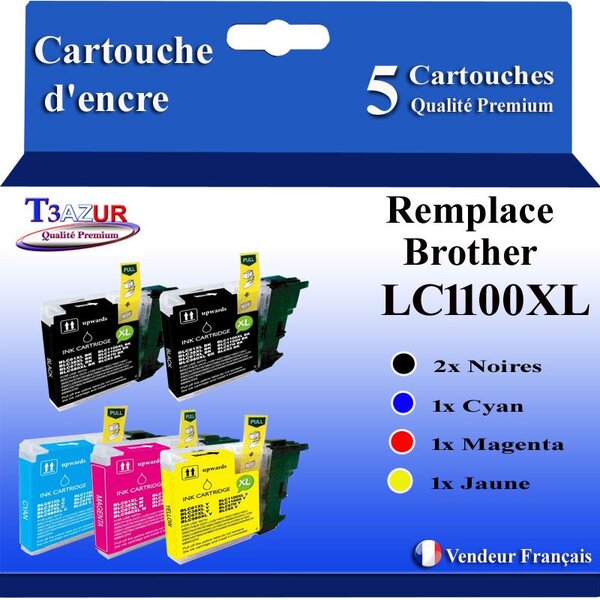 T3AZUR- Lot de 5 Cartouches compatibles avec Brother LC1100 XL pour Brother DCP195C  DCP197C  DCP365CN  DCP373CW  DCP375CW