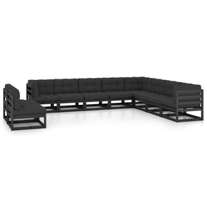 vidaXL Salon de jardin 10 Pièces avec coussins Noir Bois de pin massif