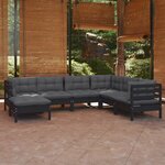vidaXL Salon de jardin 7 Pièces avec coussins Noir Bois de pin massif