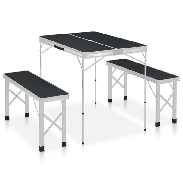 vidaXL Table de camping pliable avec 2 bancs Aluminium Gris