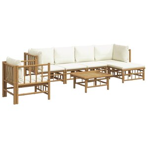 Salon de jardin meuble d'extérieur ensemble de mobilier 7 pièces avec coussins blanc crème bambou 02_0017082