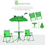 Ensemble salon de jardin enfant 4 Pièces design grenouille - table ronde + 2 chaises pliables + parasol - métal époxy oxford vert