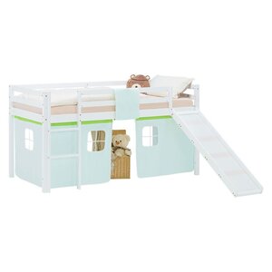 Lit mezzanine 90x200cm avec toboggan  sommier et rideau pin vert