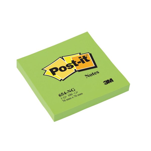 Bloc 100 Feuilles Notes Repositionnables, carré Vert Néon, 76 x 76 mm (paquet 6 x 100 feuilles)